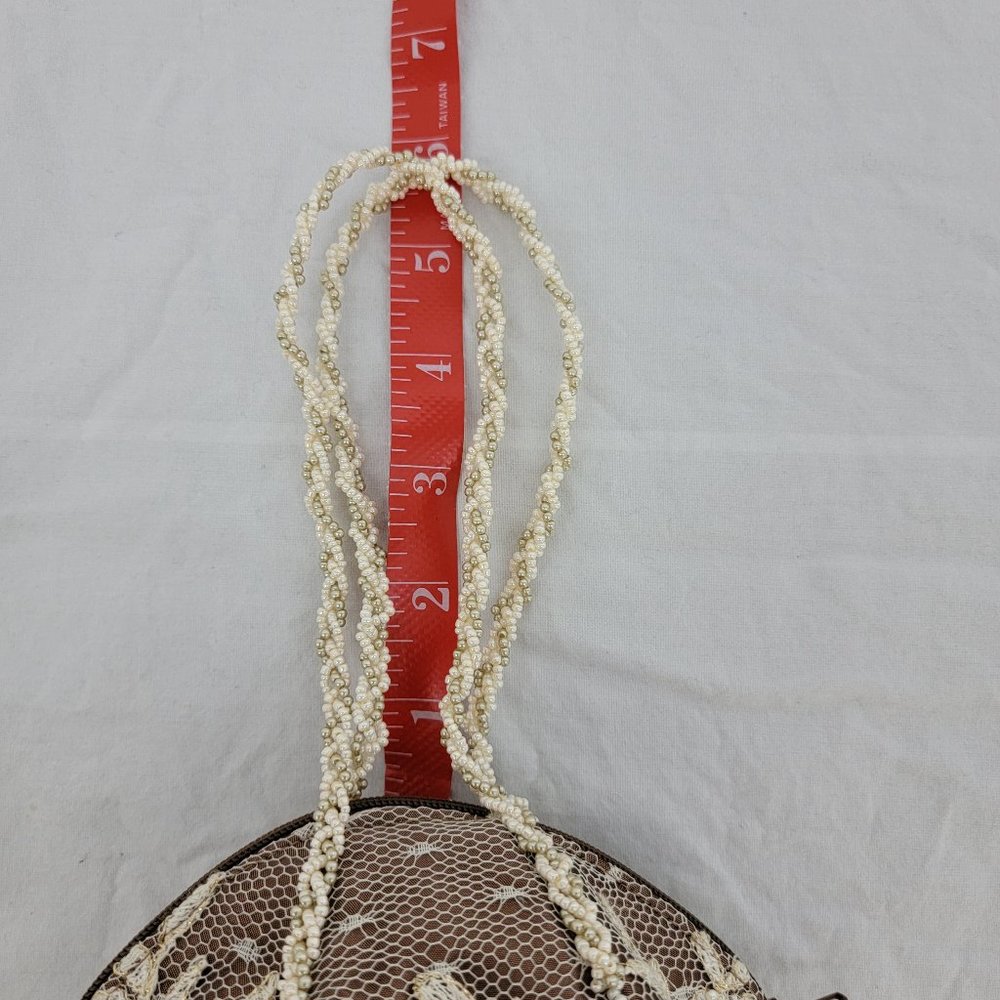 Satin Lace Pearl Bead Brown Ivory/Gold Wedding/Cocktail Small Ball Handbag Purse - Picture 11 of 12